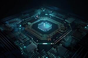 Circuit board background. 3d rendering, 3d illustration. Circuit board hologram with binary digits and tech, photo