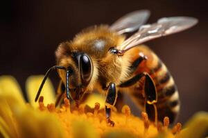 Bee on a yellow flower macro close-up, shallow depth of field, close up of a bee collecting honey, photo