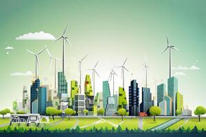 Ecology city background with wind turbines and buildings illustration. city of Renewable Energy and Sustainable Living , photo