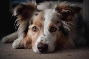 retrato de frontera collie perro acostado en el piso a hogar, de cerca de un perro acostado en el alfombra a hogar, ai generado foto