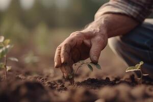 Close up of senior farmer planting seedlings in the garden, selective focus, Closeup of a farmers hands planting tree, photo