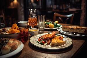 Traditional Turkish and Greek dinner appetizer table served with grilled pumpkin and olives, Closeup of food and drink served on the table at the restaurant, photo