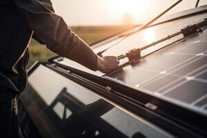 de cerca de ingeniero mano instalando solar fotovoltaica panel en solar granja, de cerca de hombre técnico vista trasera instalando solar paneles, ai generado foto