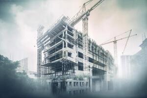 Double exposure of construction sites with cranes and building under construction. Building construction engineering project, photo