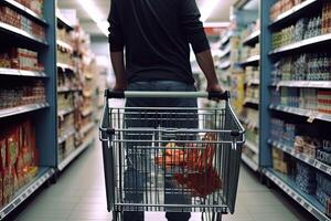 hombre en un negro camisa y pantalones con compras carro en el supermercado. de cerca posterior ver de un hombre vagante un compras carro, ai generado foto