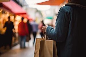 Close up of a man holding shopping bags in the city. Closeup rear view of a person holding shopping bag, photo