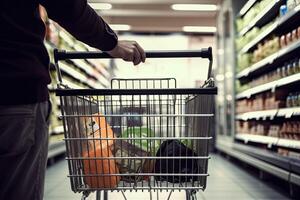 hombre con compras carro en supermercado. consumismo y compras concepto. de cerca posterior ver de un hombre vagante un compras carro, ai generado foto