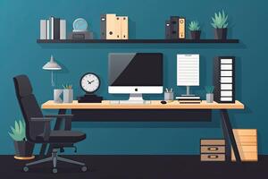 Office workplace with computer. Workplace. illustration in flat style, Decorated office desk with a computer and other stationery, photo