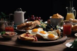 Breakfast with eggs, croissants and fruits on wooden table, Delicious breakfast dishes on the table with beverage, photo