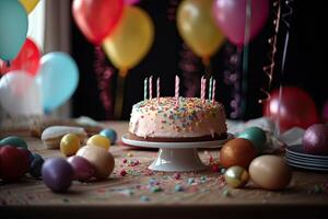 Pascua de Resurrección pastel con velas y vistoso huevos en de madera mesa, de cerca, vistoso cumpleaños fiesta globos con papel picado y pastel , ai generado foto