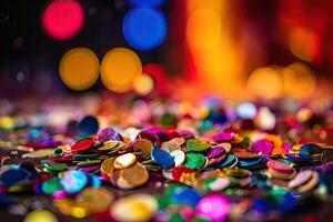 Colorful confetti on dark background with bokeh effect. colorful confetti in front of the colorful background , photo