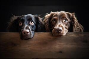 Two dogs looking out of a wooden box on a black background. Cute dogs peeking over a wooden board, photo