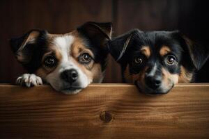 Two cute dogs in a wooden box on a dark background. The concept of love for animals. Cute dogs peeking over a wooden board, photo