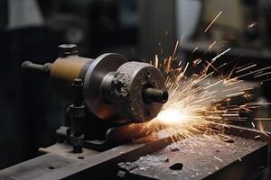 industrial amoladora corte metal con chispas volador en el aire. corte un cilíndrico metal con un torno amoladora, ai generado foto