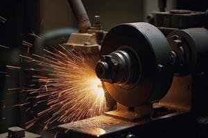 industrial cnc torno con chispas volador en el aire. corte un cilíndrico metal con un torno amoladora, ai generado foto