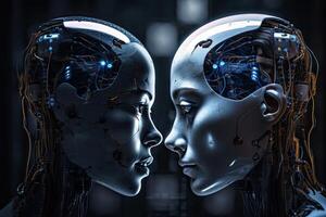 3D rendering of a male robot and a female cyborg. cyborgs merged with artificial intelligence, photo