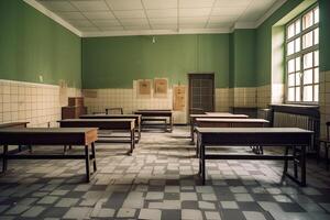 interior de un antiguo colegio salón de clases con mesas y sillas, retro tonificado, decorado interior de un vacío colegio clase, ai generado foto