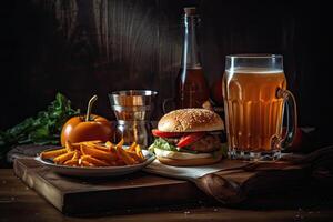 Tasty hamburger with french fries and beer on a wooden table, Delicious fast food on a wooden table with a cold drink, photo