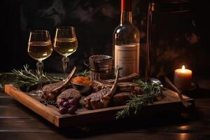 Grilled meat with wine on a wooden board on a dark background, Delicious Lamb chops close up on a tray with spice, photo