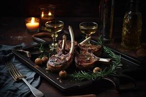 Grilled lamb chops with rosemary and spices on a wooden background, Delicious Lamb chops close up on a tray with spice, photo