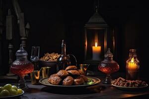 todavía vida con fechas, vino, nueces y candelabros, delicioso Ramadán iftar y suhoor tradicional comida, ai generado foto