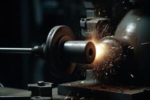 Industrial metalworking. Close-up of metalworking machine with sparks flying in different directions, Cutting a cylindrical metal with a lathe grinder, photo