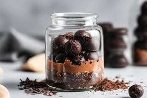 Chocolate truffles in a glass jar on a gray background, Delicious truffle cake closeup inside a glass jar, photo