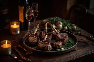 Rack of lamb with rosemary, garlic and wine on wooden table, Delicious Lamb chops close up on a tray with spice, photo