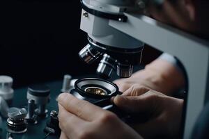 close up of scientist looking through microscope in laboratory, science research concept,Doctor using a microscope with a metal lens at the laboratory photo