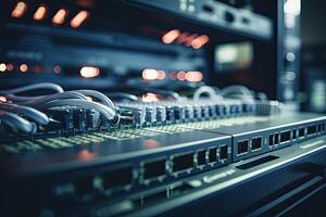 Close up of servers in a technology data center. Shallow depth of field, Digital data center cloud connection network route, photo