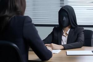 mujer en un negro máscara sentado a el escritorio y hablando a otro mujer. negro máscara cerca arriba oficina jefe tomando entrevista, ai generado foto