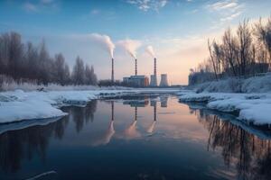 industrial paisaje con poder planta en invierno, río y azul cielo, ecológico eléctrico poder plantas todas en uno marco, ai generado foto