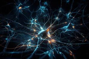 neurona celúla, 3d ilustración, computadora generado, resumen fondo, eléctrico energía fluido mediante neuronas células, ai generado foto