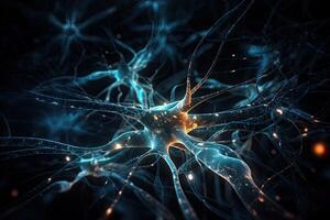 3d ilustración de un neurona o nervio célula con neuronas y nervioso sistema, eléctrico energía fluido mediante neuronas células, ai generado foto