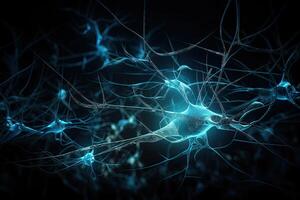 3d ilustración de neuronas en el cerebro. lluvia de ideas concepto, eléctrico energía fluido mediante neuronas células, ai generado foto