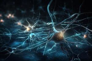 Neuron cell, 3D illustration. Neuron cell with neurons activity. Neuron cell, Neuron cell, electric energy flowing through Neurons cells, photo