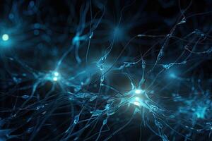 3D rendering of neuron cell or neurons in connection with electrical pulses, electric energy flowing through Neurons cells, photo