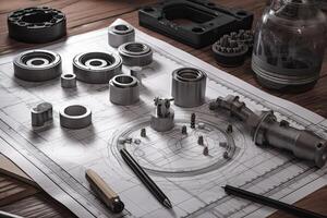 car parts on a wooden table with blueprint and tools, close up, Engineering and technician drawings and designs on table, photo