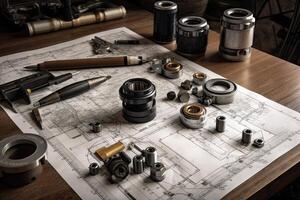 Engineering tools on a technical drawing. Selective focus. Toned. Engineering and technician drawings and designs on table, photo