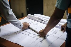 ingeniero y arquitecto trabajando en Plano a oficina, construcción concepto. construcción trabajadores bailando con Plano, ai generado foto