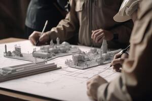 arquitectos trabajando en Plano a mesa en oficina, de cerca, real inmuebles agente que se discute negocio con mini casa modelo, ai generado foto