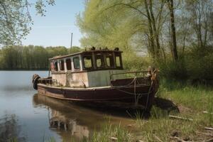 Boat on the shore of a lake in the countryside in spring, yellow boat on the lake at the wooden pier, photo