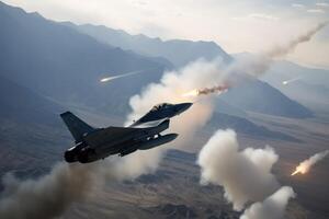 fighter jet flying in the sky over the mountains. Fighter jet shooting on another fighter jet, AI Generated photo
