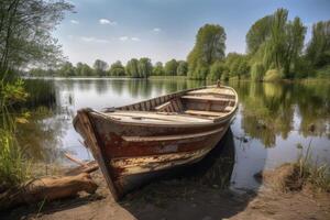 Old wooden boat on the shore of a lake in the spring. yellow boat on the lake at the wooden pier, photo