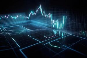 financial chart on dark background represent stock market analysis or investment concept. Financial graphs glowing lines and diagrams on digital screen, photo