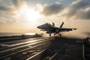 combatiente aeronave en el cubierta de un militar aeronave portador a atardecer, combatiente chorros son tomando apagado desde un aeronave transportador, ai generado foto