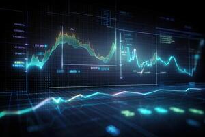 financial chart on technology abstract background represent stock market analysis. 3d rendering Financial graphs glowing lines and diagrams on digital screen, photo