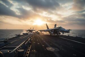 combatiente aeronave en el cubierta de un aeronave portador a puesta de sol. combatiente chorros son tomando apagado desde un aeronave transportador, ai generado foto