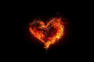 Heart of fire on a black background. Valentines day card. Fire heart on a dark background, photo