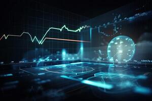 3d representación de valores mercado o forex comercio grafico en computadora pantalla, financiero gráficos brillante líneas y diagramas en digital pantalla, ai generado foto